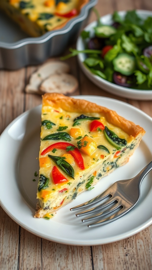 Savory Tofu Quiche Recipe A slice of tofu quiche with vegetables on a plate, garnished with herbs, on a rustic table.